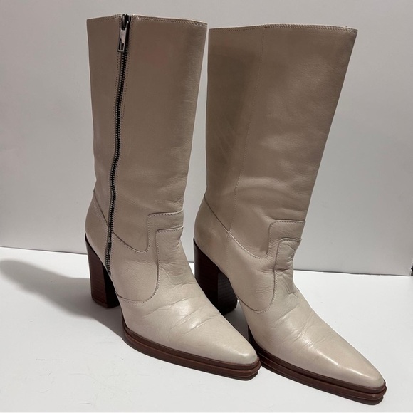 Franco Sarto Cream Heeled Boots Modern Western Design - Picture 7 of 13